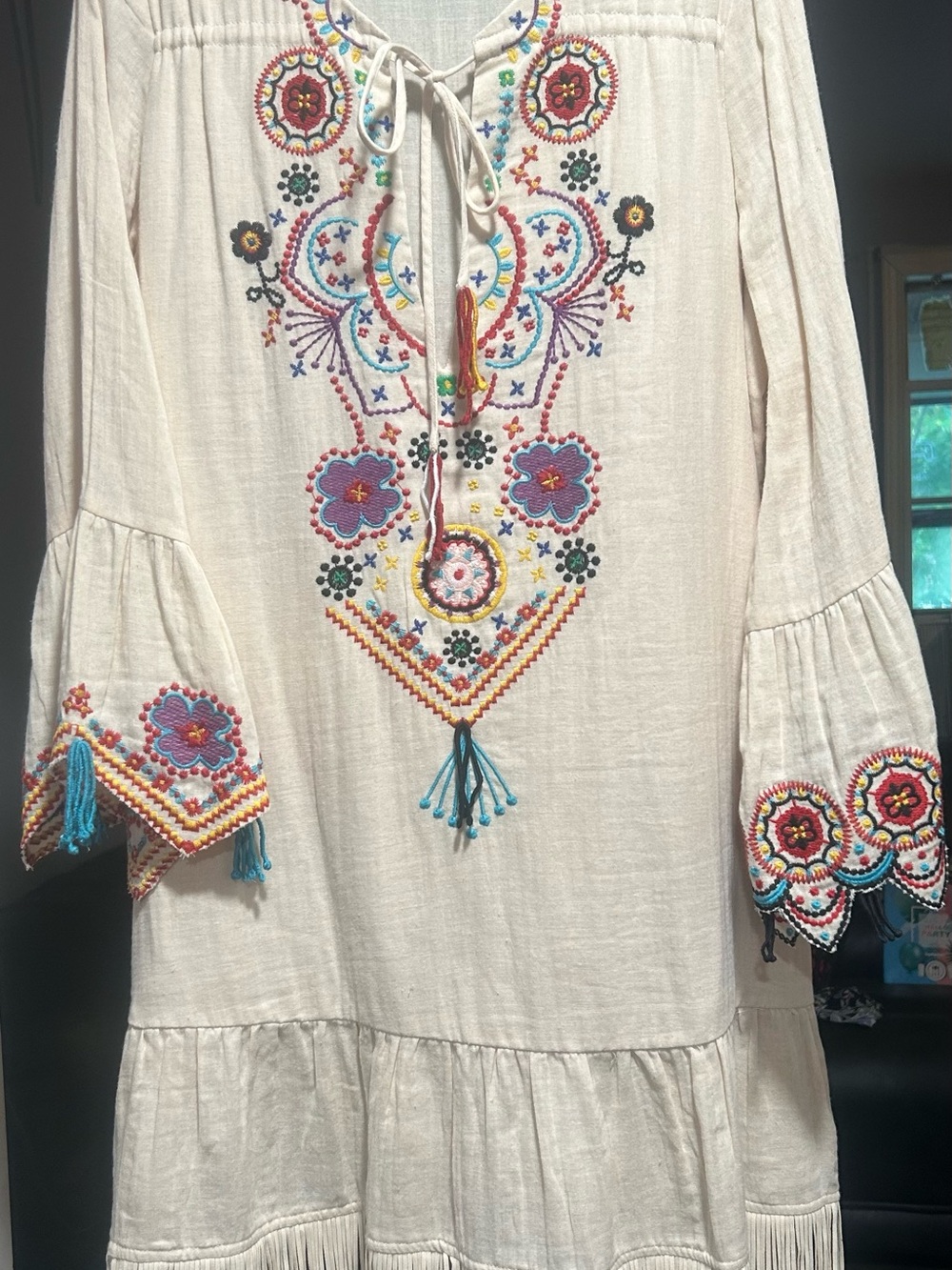Embroidered Fold Boho Cream Pull over Tunic Dress with Fringe XL PTP 22-23”